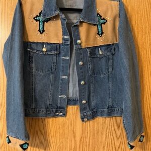 Denim Jacket with Tan, Turquoise & rhinestone Cross Accents